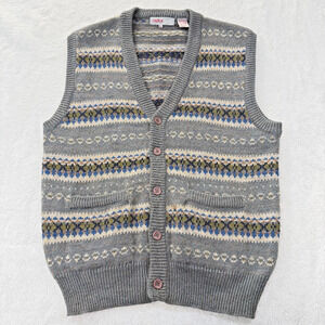 Grandpa Core Grey Sweater Vest Button Down Pockets Striped Size Large Astor One